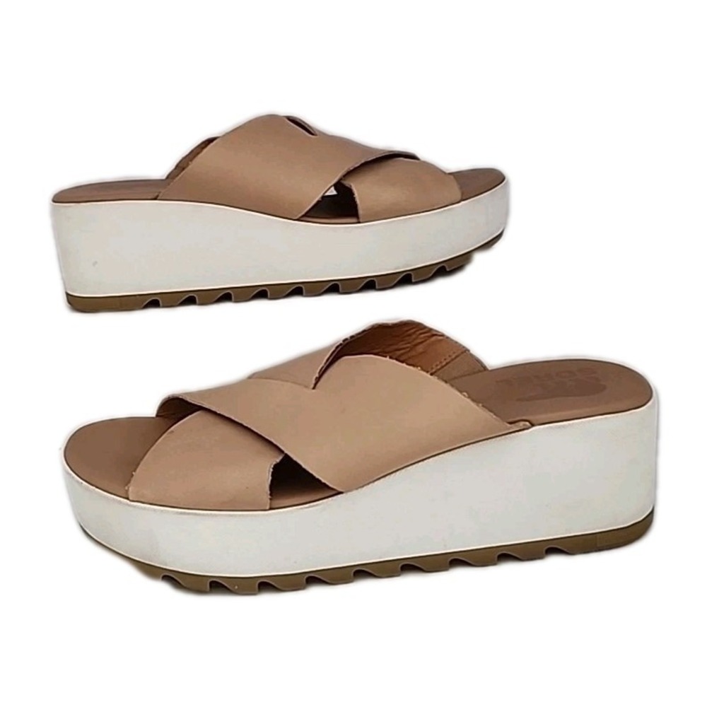 Sorel Cameron Sandal Beige Leather Slide Women's 9.5 Platform Chunky Wedge - Picture 2 of 9